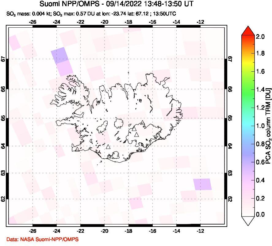 A sulfur dioxide image over Iceland on Sep 14, 2022.