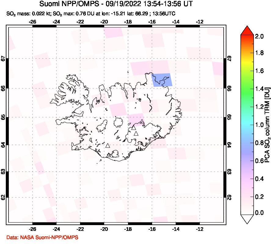 A sulfur dioxide image over Iceland on Sep 19, 2022.
