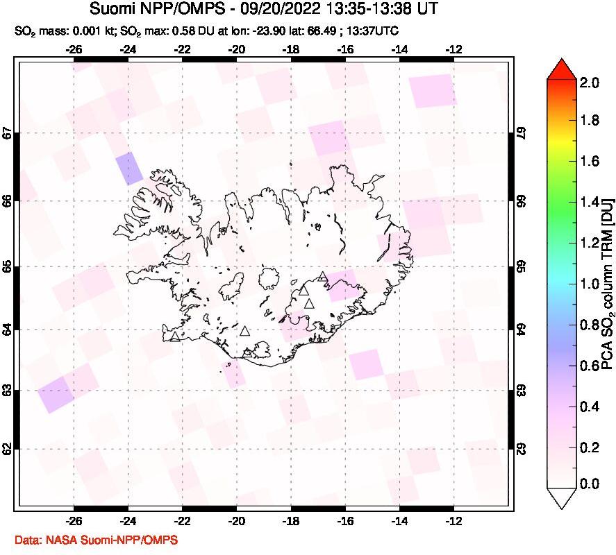 A sulfur dioxide image over Iceland on Sep 20, 2022.