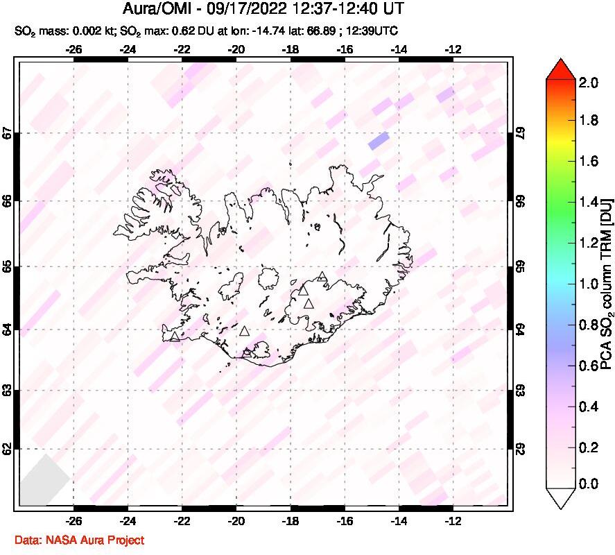 A sulfur dioxide image over Iceland on Sep 17, 2022.