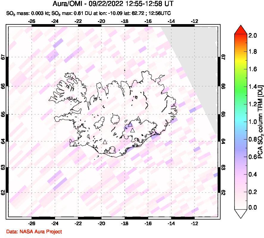 A sulfur dioxide image over Iceland on Sep 22, 2022.