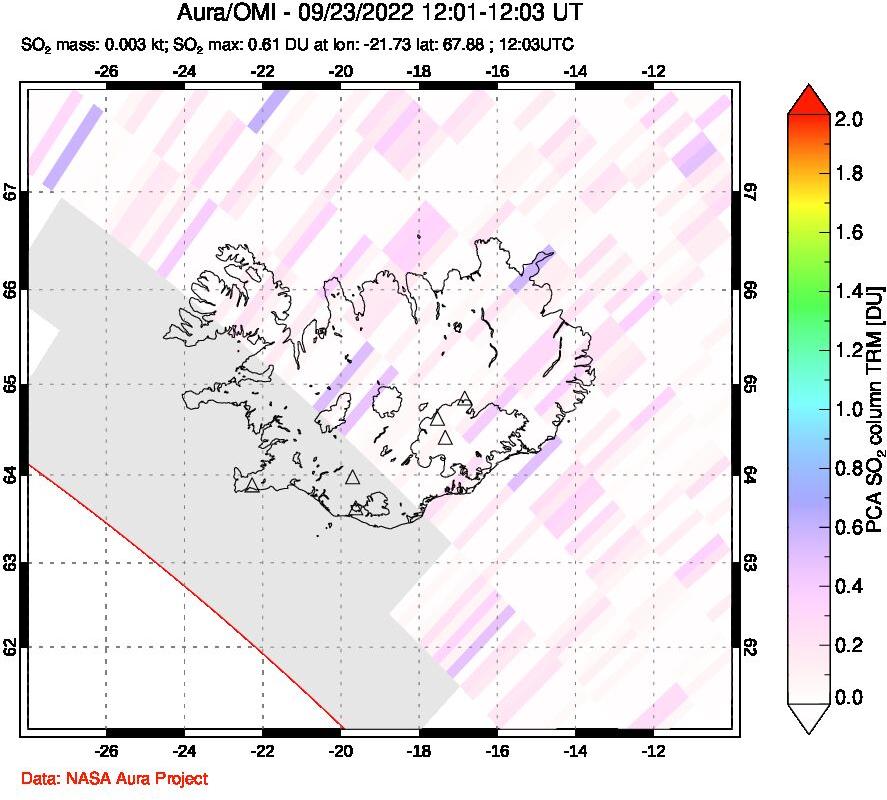 A sulfur dioxide image over Iceland on Sep 23, 2022.