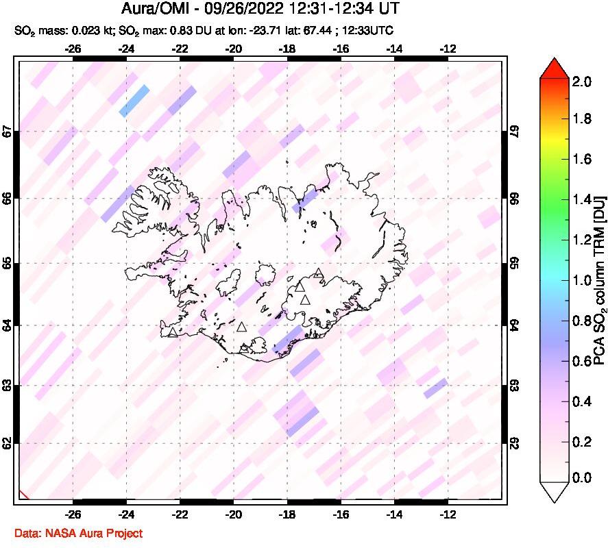 A sulfur dioxide image over Iceland on Sep 26, 2022.