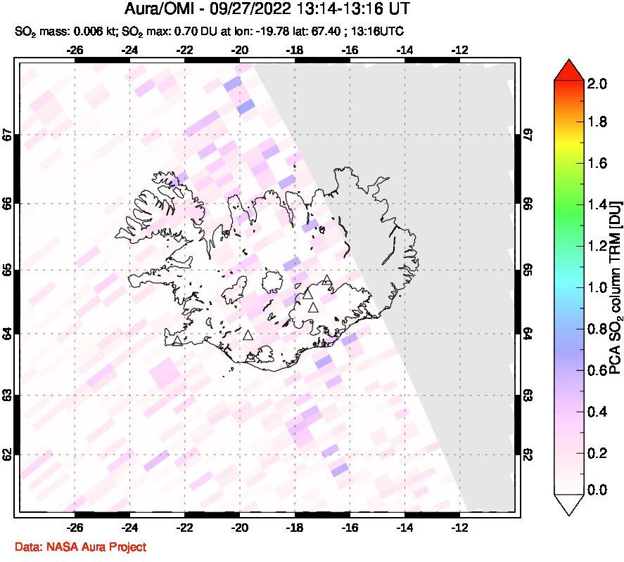 A sulfur dioxide image over Iceland on Sep 27, 2022.