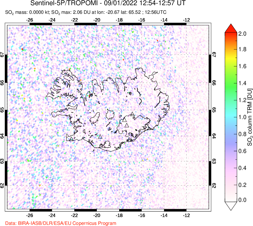 A sulfur dioxide image over Iceland on Sep 01, 2022.