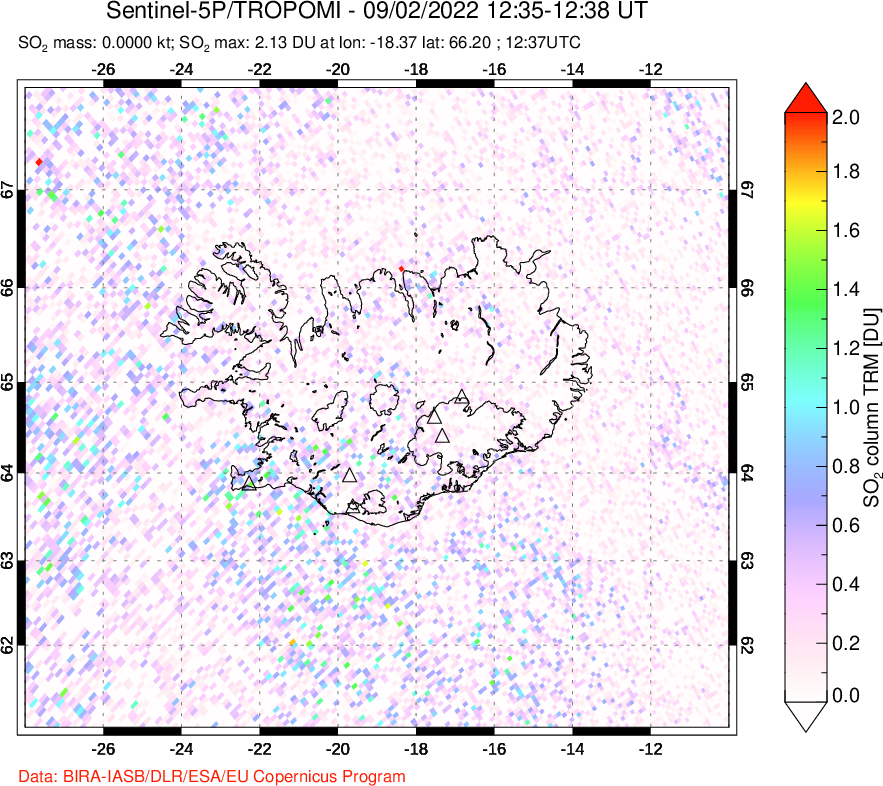 A sulfur dioxide image over Iceland on Sep 02, 2022.