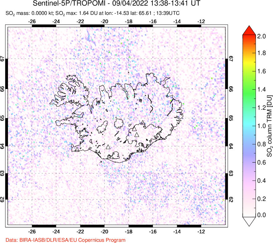 A sulfur dioxide image over Iceland on Sep 04, 2022.