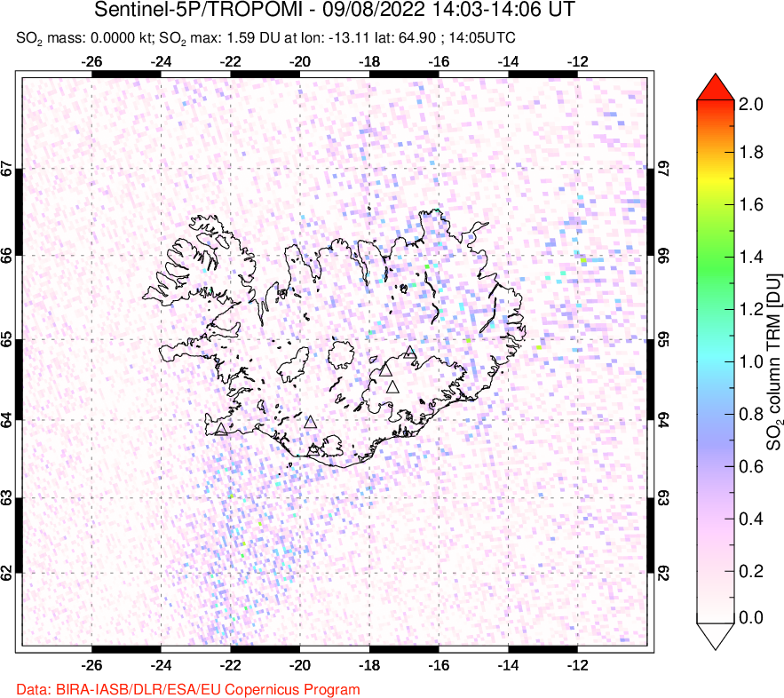 A sulfur dioxide image over Iceland on Sep 08, 2022.