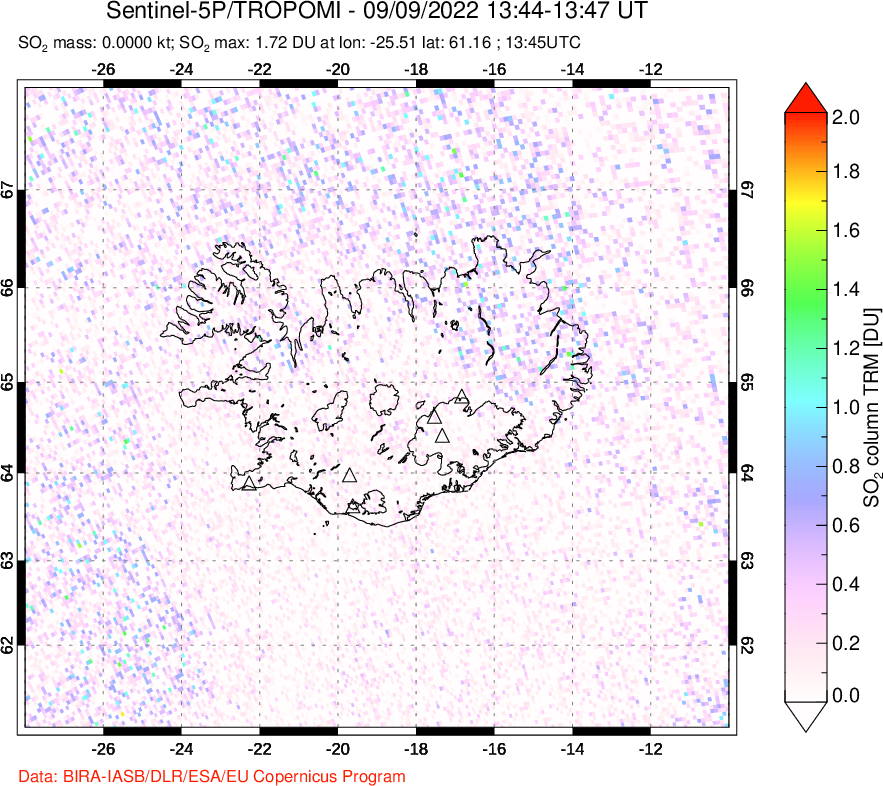 A sulfur dioxide image over Iceland on Sep 09, 2022.