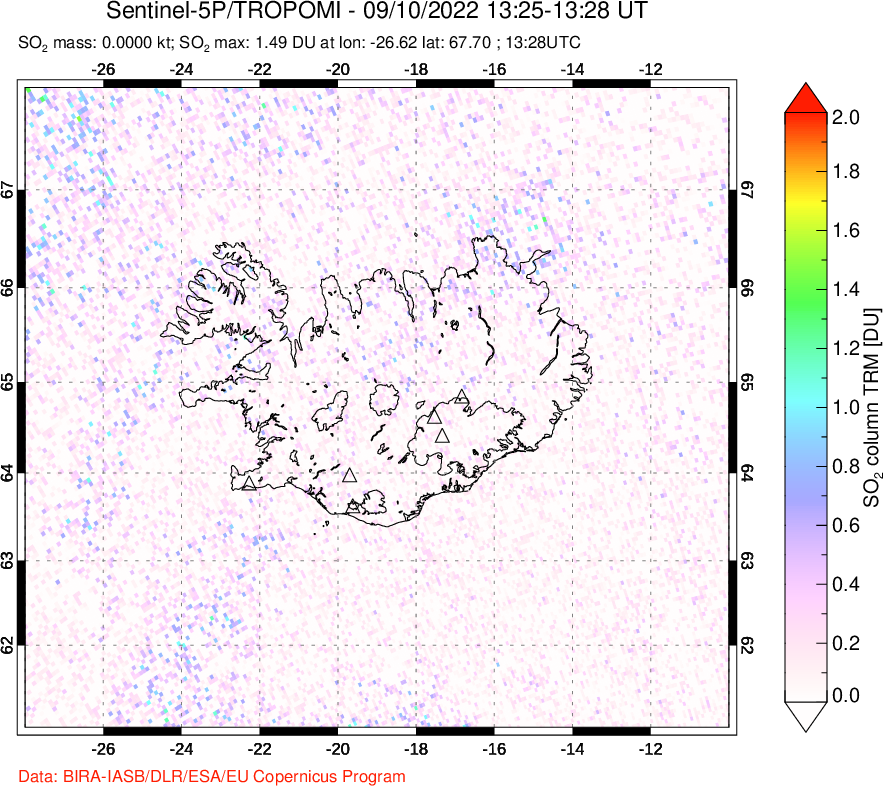 A sulfur dioxide image over Iceland on Sep 10, 2022.