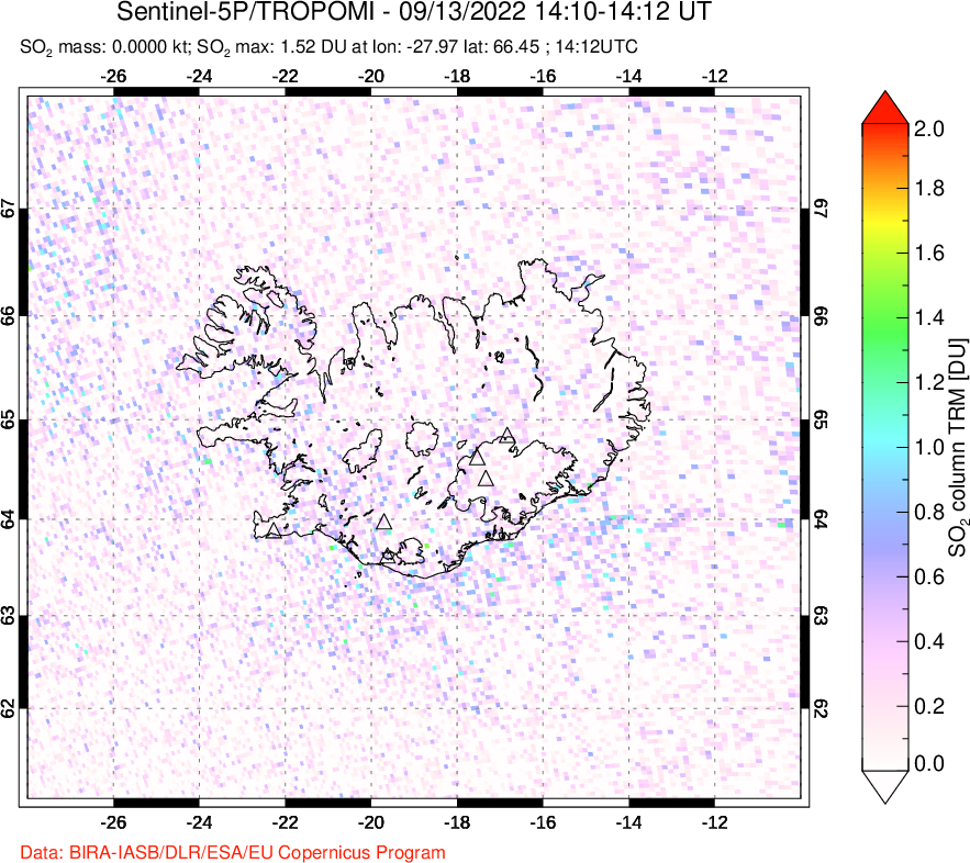 A sulfur dioxide image over Iceland on Sep 13, 2022.