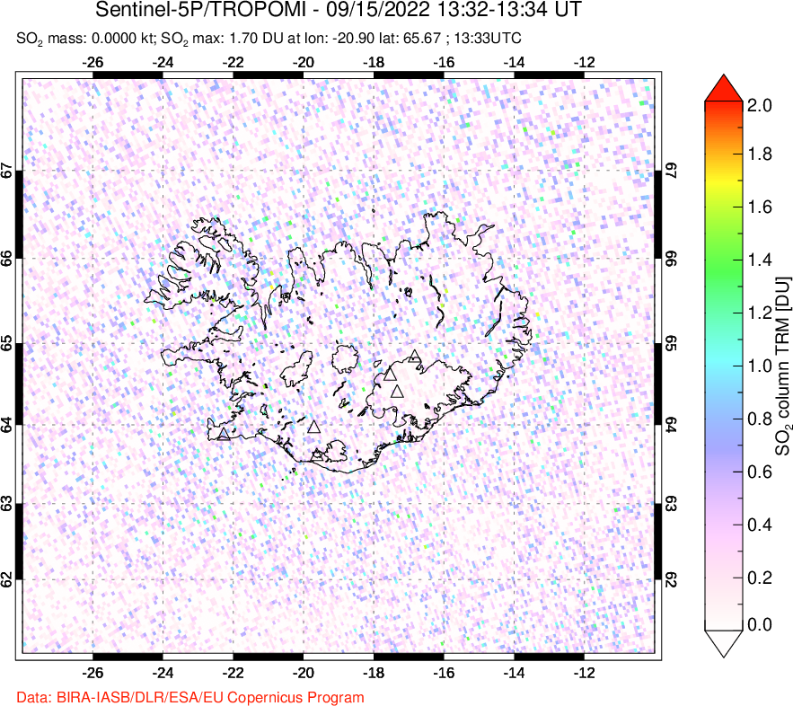 A sulfur dioxide image over Iceland on Sep 15, 2022.