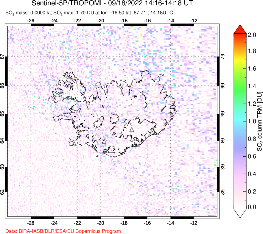 A sulfur dioxide image over Iceland on Sep 18, 2022.