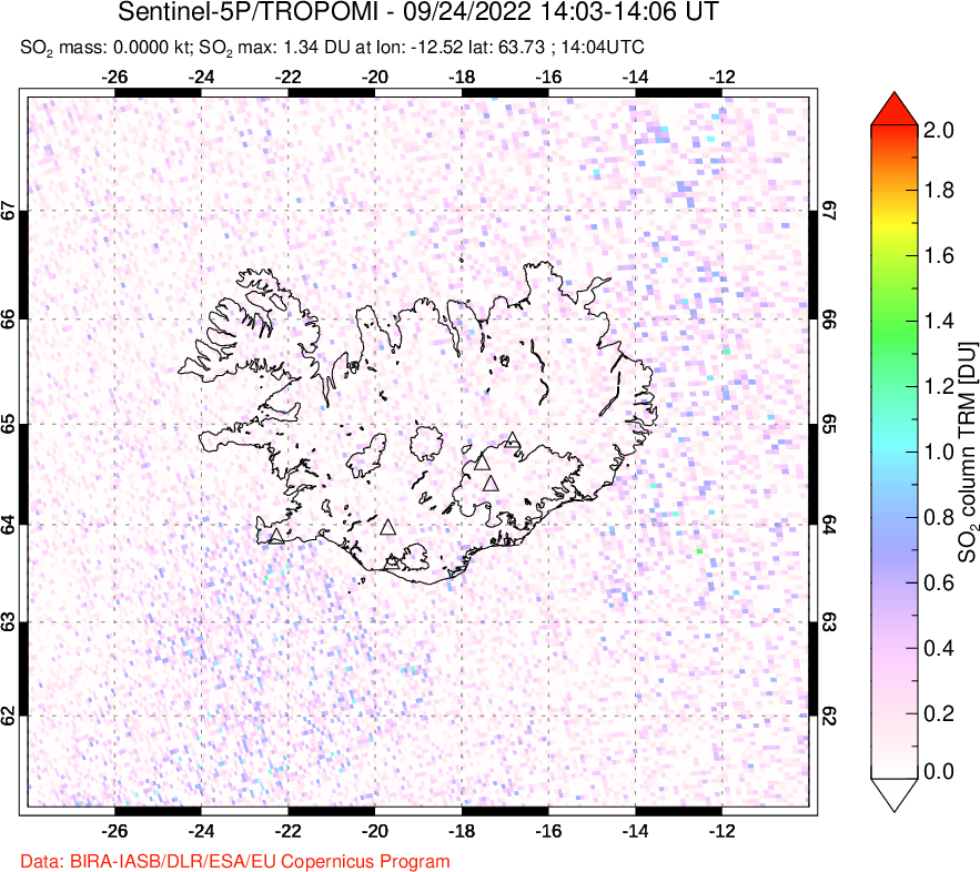 A sulfur dioxide image over Iceland on Sep 24, 2022.