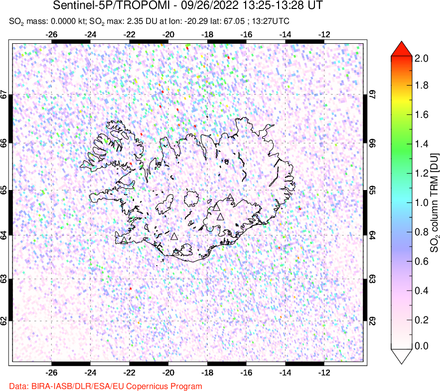 A sulfur dioxide image over Iceland on Sep 26, 2022.
