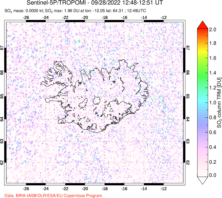 A sulfur dioxide image over Iceland on Sep 28, 2022.