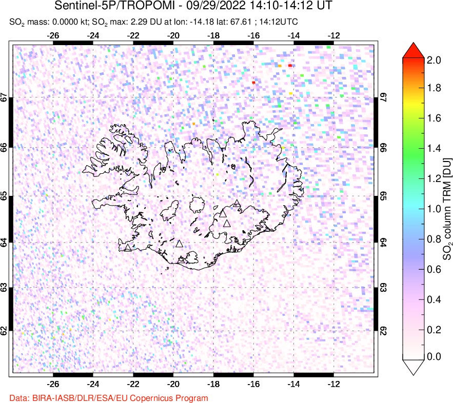 A sulfur dioxide image over Iceland on Sep 29, 2022.