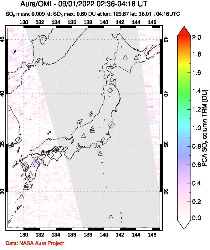 A sulfur dioxide image over Japan on Sep 01, 2022.