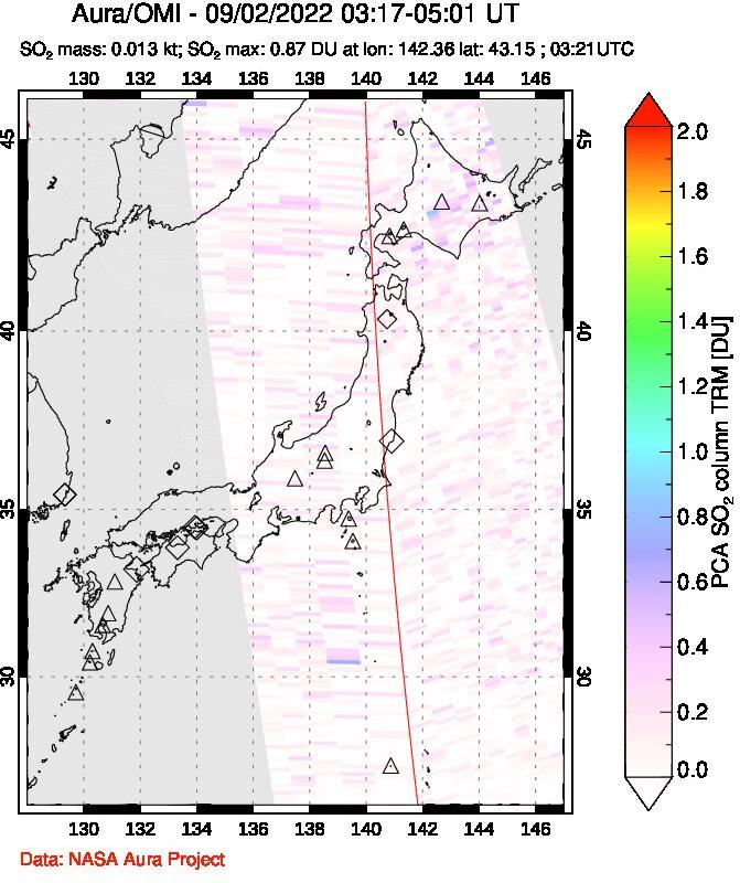 A sulfur dioxide image over Japan on Sep 02, 2022.