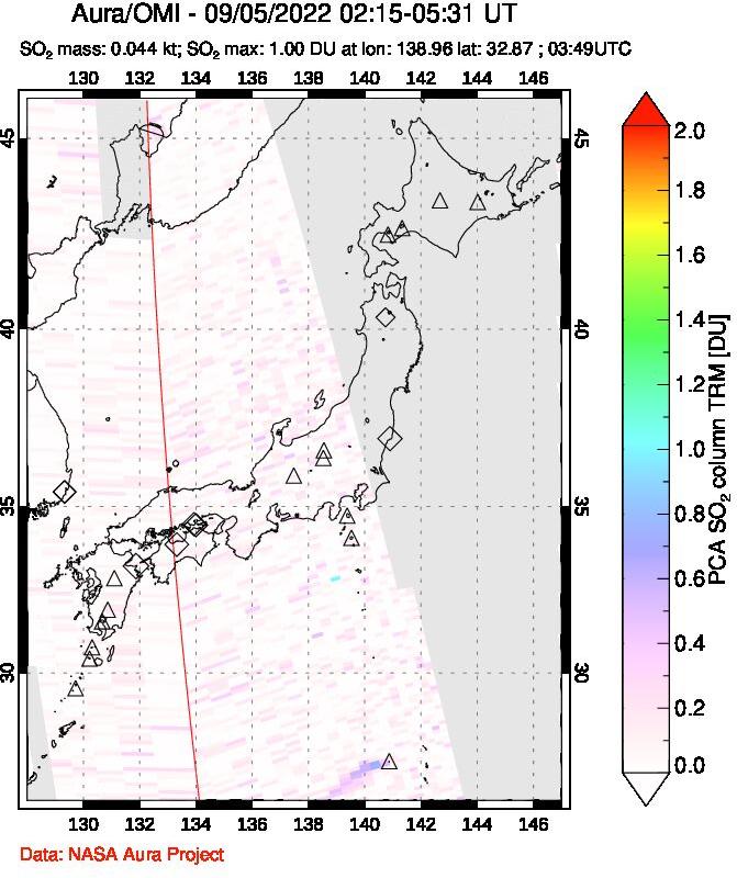 A sulfur dioxide image over Japan on Sep 05, 2022.