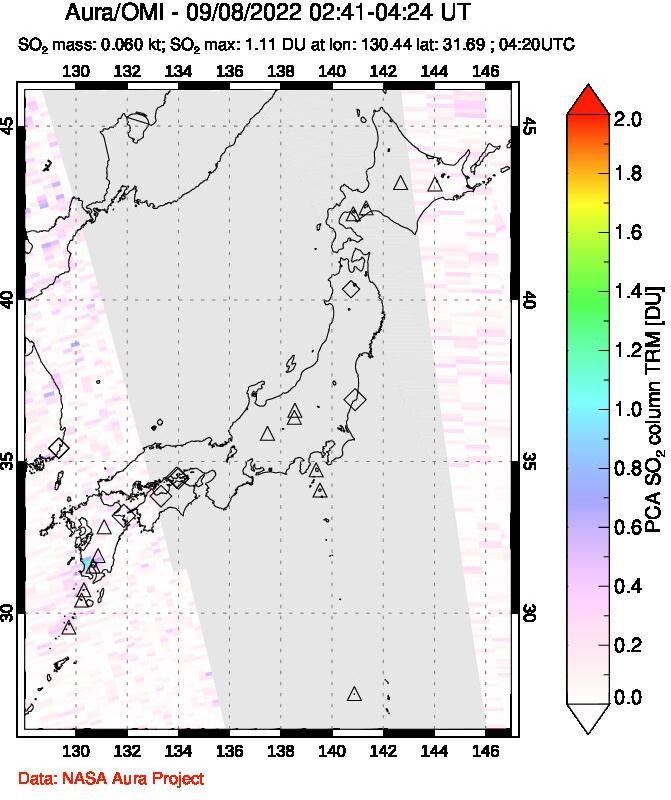 A sulfur dioxide image over Japan on Sep 08, 2022.