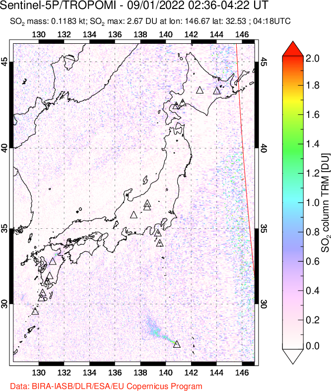 A sulfur dioxide image over Japan on Sep 01, 2022.
