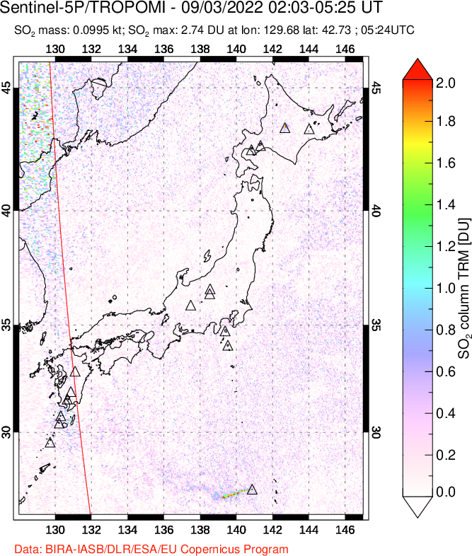 A sulfur dioxide image over Japan on Sep 03, 2022.