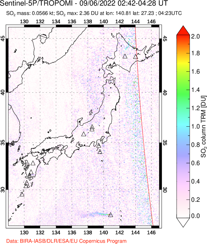 A sulfur dioxide image over Japan on Sep 06, 2022.