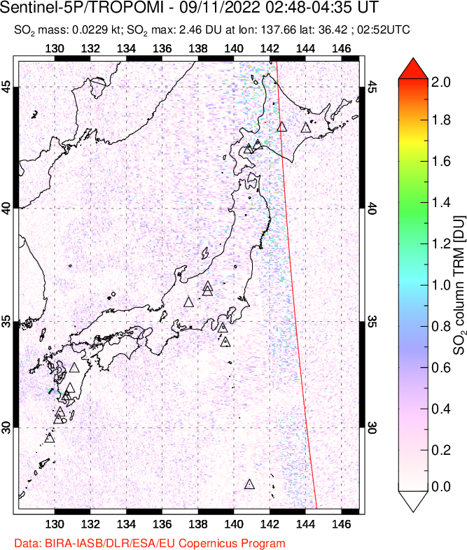 A sulfur dioxide image over Japan on Sep 11, 2022.