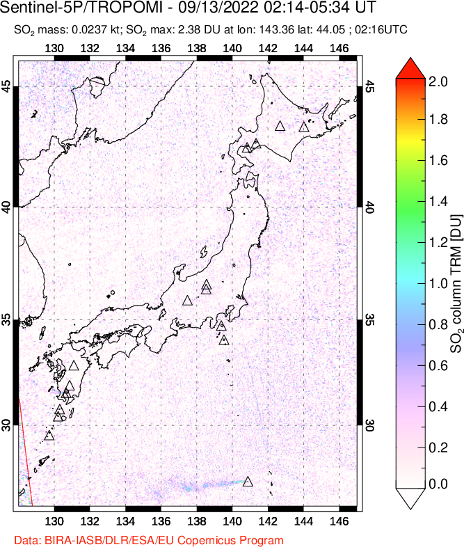A sulfur dioxide image over Japan on Sep 13, 2022.