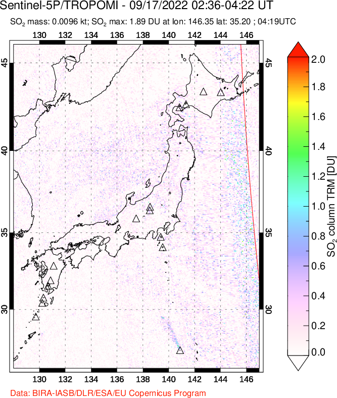 A sulfur dioxide image over Japan on Sep 17, 2022.