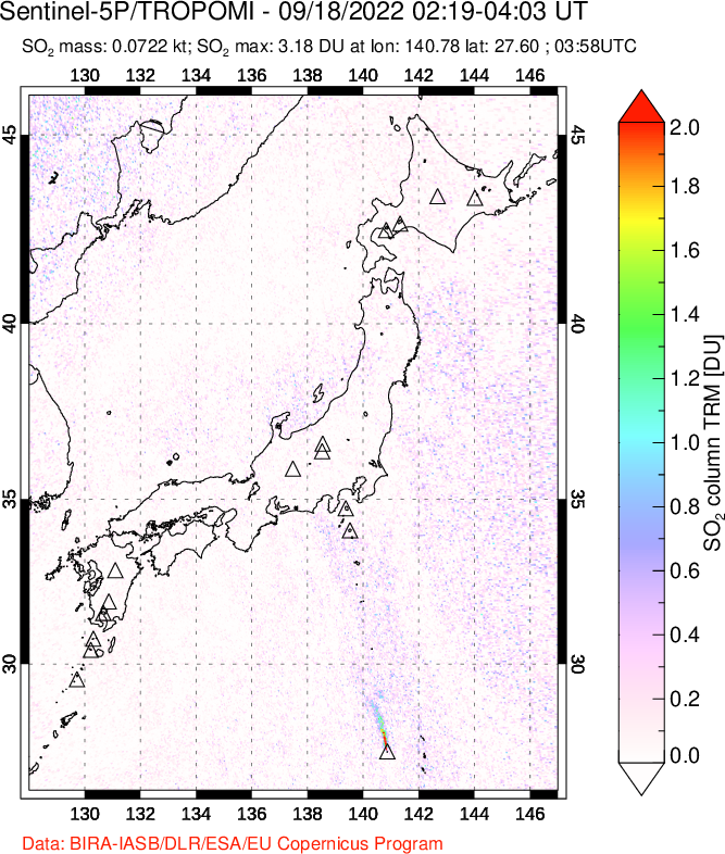 A sulfur dioxide image over Japan on Sep 18, 2022.