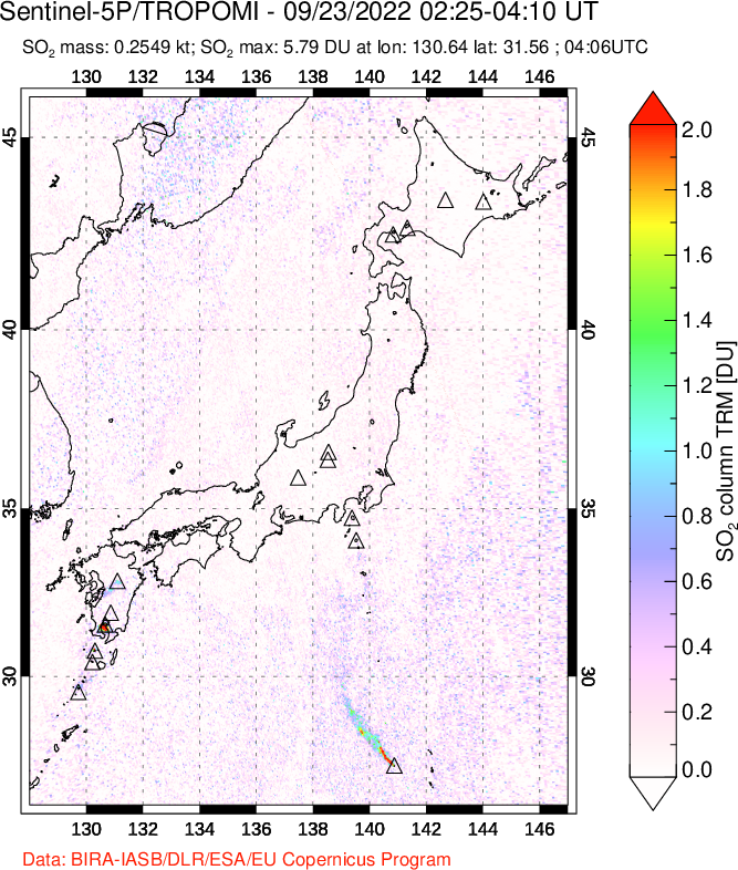 A sulfur dioxide image over Japan on Sep 23, 2022.