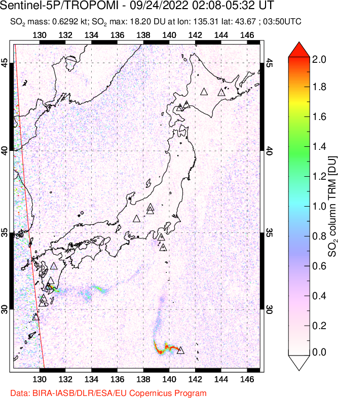 A sulfur dioxide image over Japan on Sep 24, 2022.