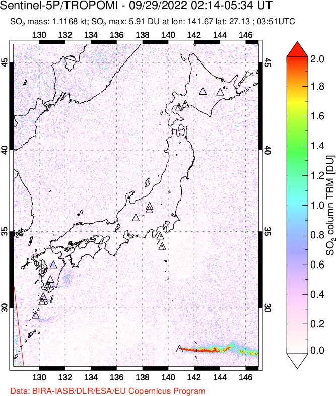 A sulfur dioxide image over Japan on Sep 29, 2022.