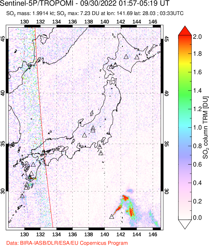 A sulfur dioxide image over Japan on Sep 30, 2022.
