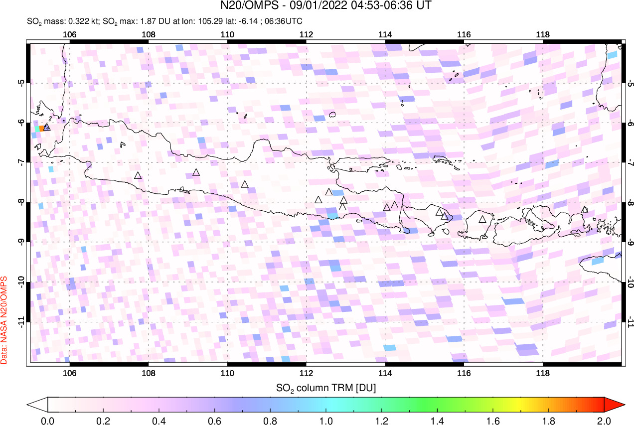A sulfur dioxide image over Java, Indonesia on Sep 01, 2022.