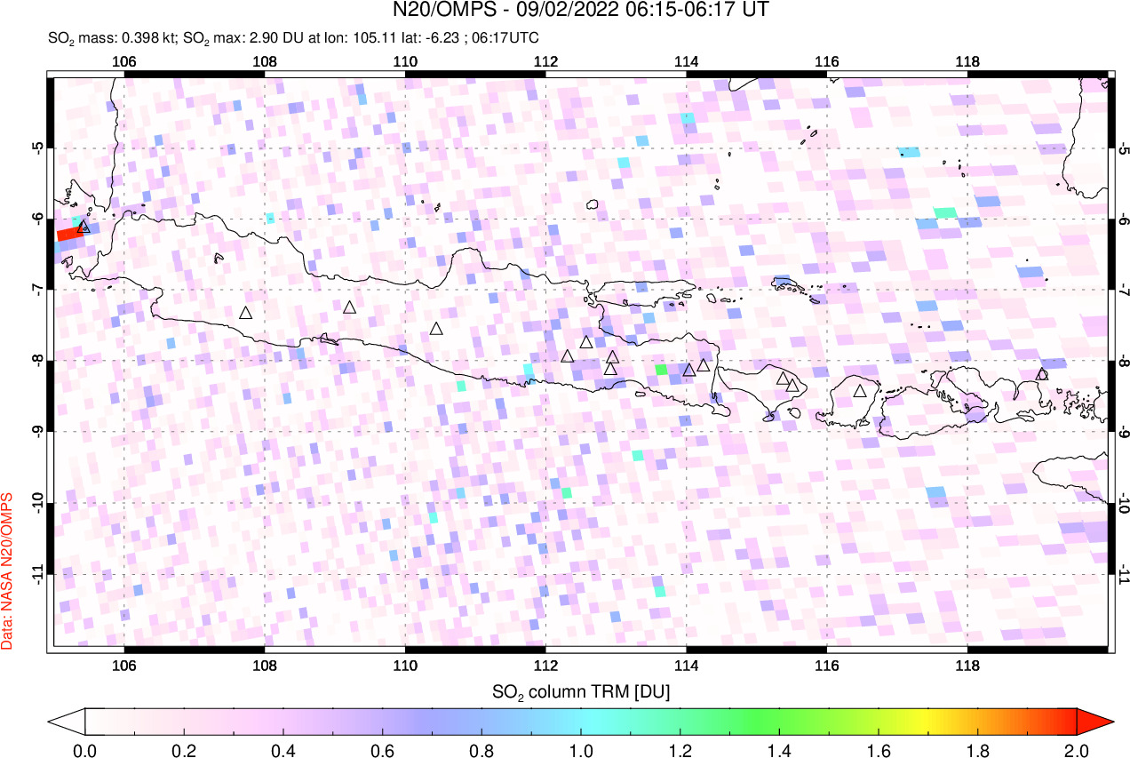 A sulfur dioxide image over Java, Indonesia on Sep 02, 2022.