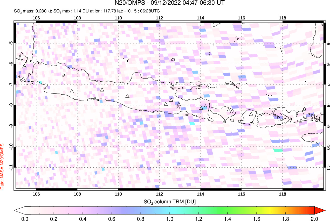 A sulfur dioxide image over Java, Indonesia on Sep 12, 2022.