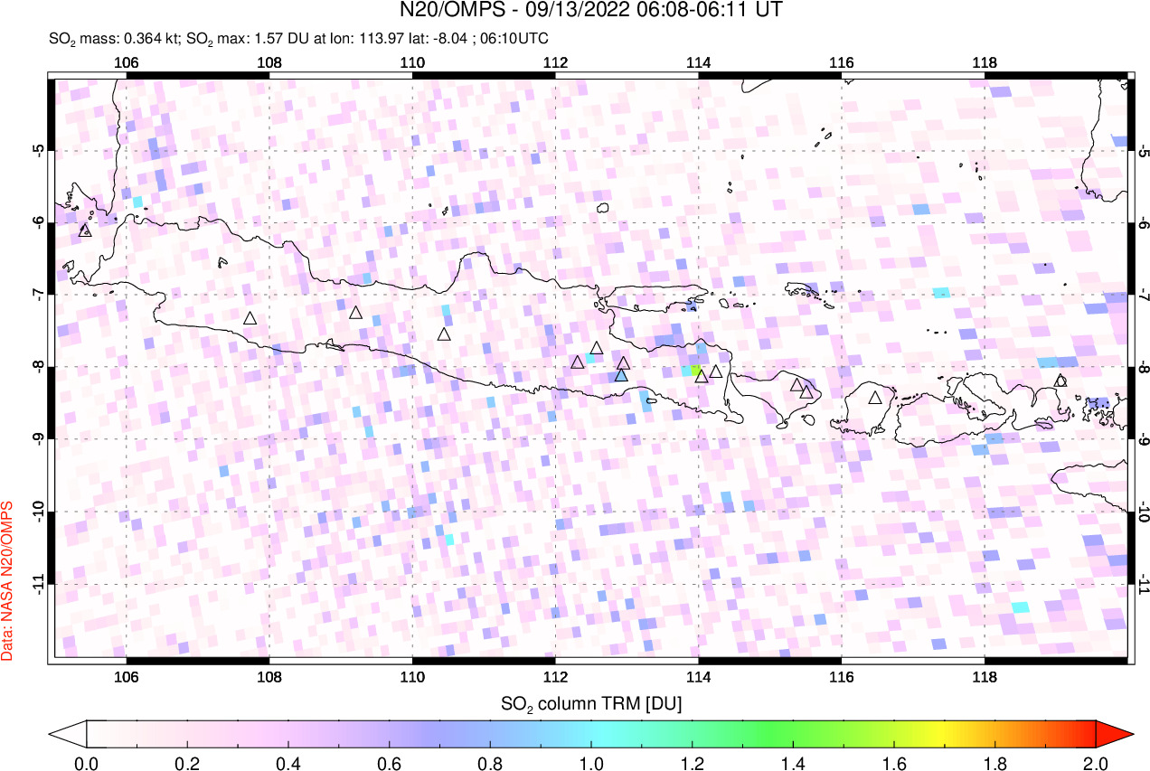 A sulfur dioxide image over Java, Indonesia on Sep 13, 2022.