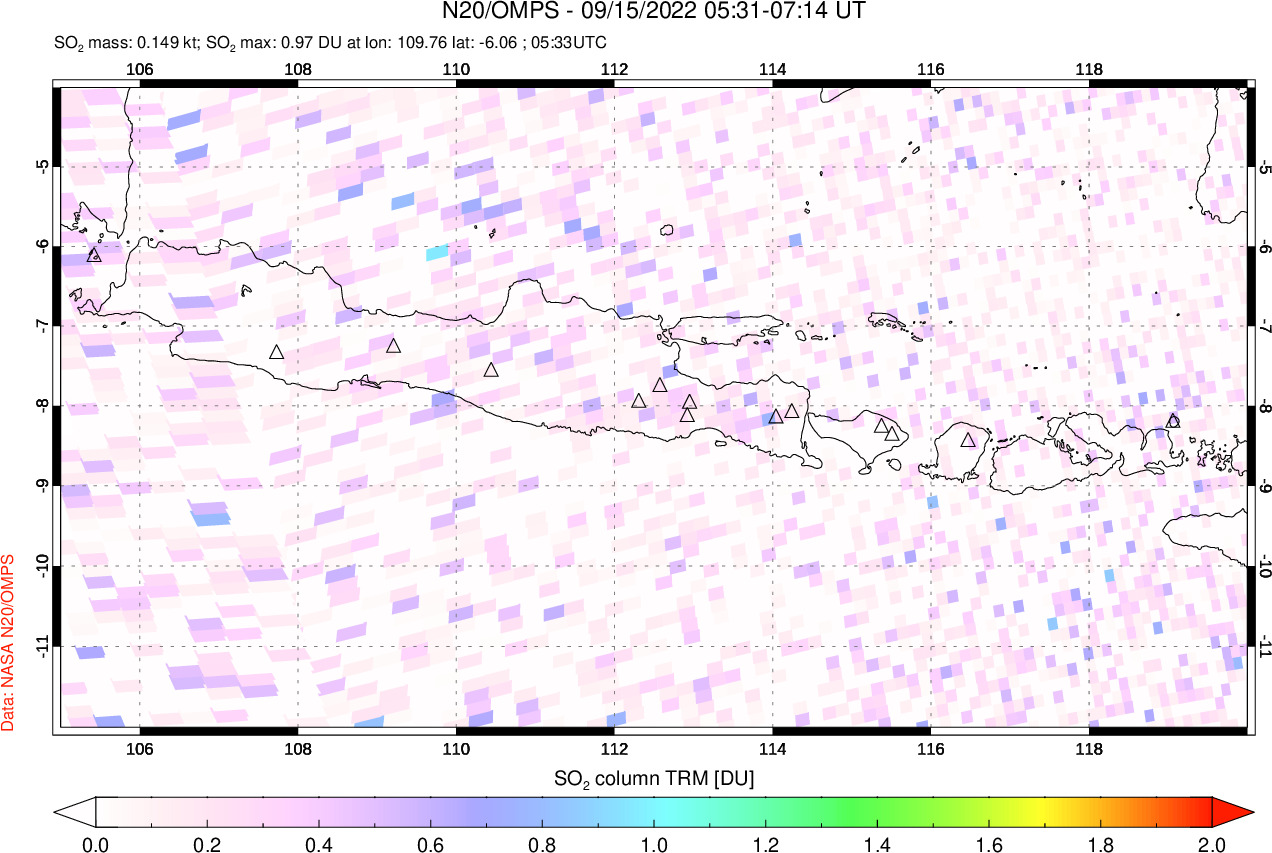 A sulfur dioxide image over Java, Indonesia on Sep 15, 2022.