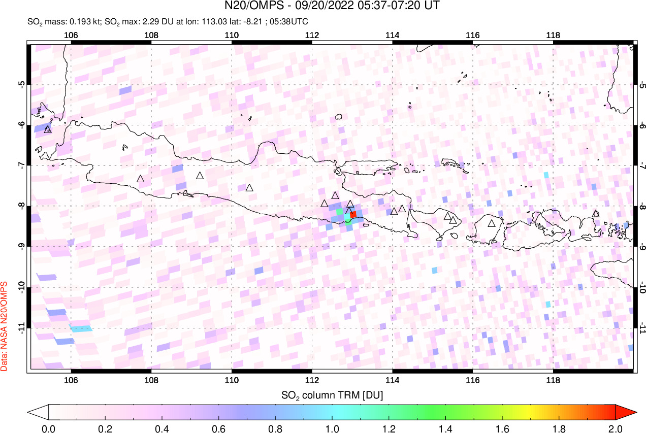 A sulfur dioxide image over Java, Indonesia on Sep 20, 2022.