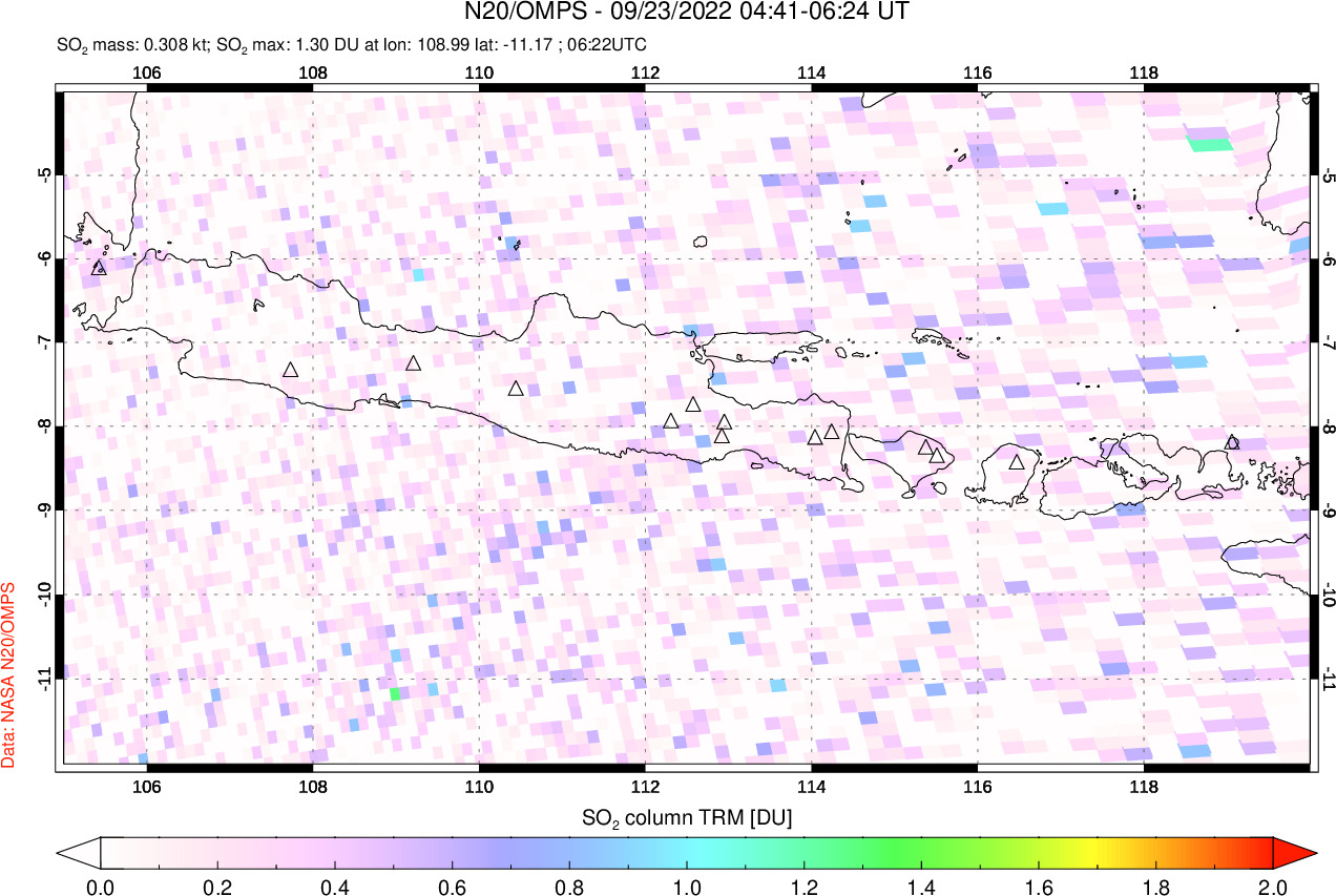 A sulfur dioxide image over Java, Indonesia on Sep 23, 2022.