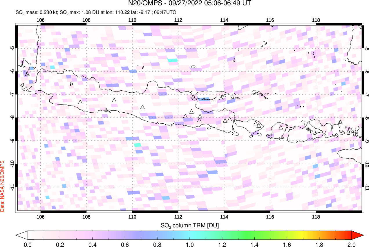 A sulfur dioxide image over Java, Indonesia on Sep 27, 2022.