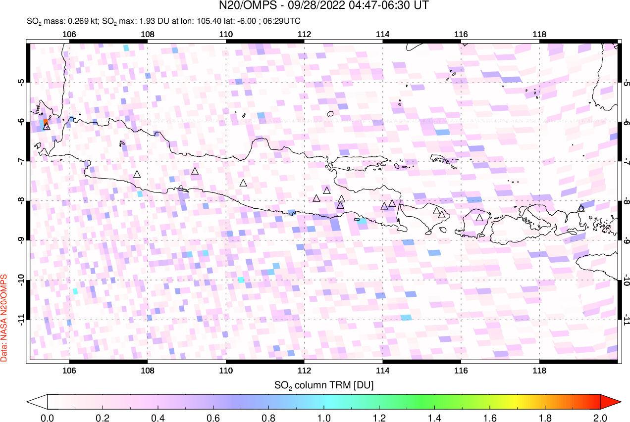A sulfur dioxide image over Java, Indonesia on Sep 28, 2022.