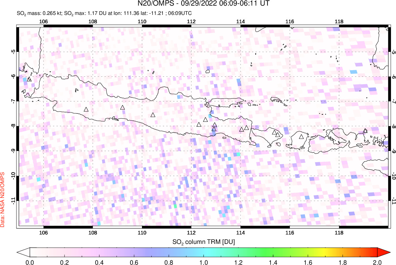 A sulfur dioxide image over Java, Indonesia on Sep 29, 2022.