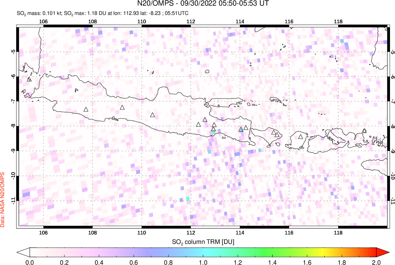 A sulfur dioxide image over Java, Indonesia on Sep 30, 2022.