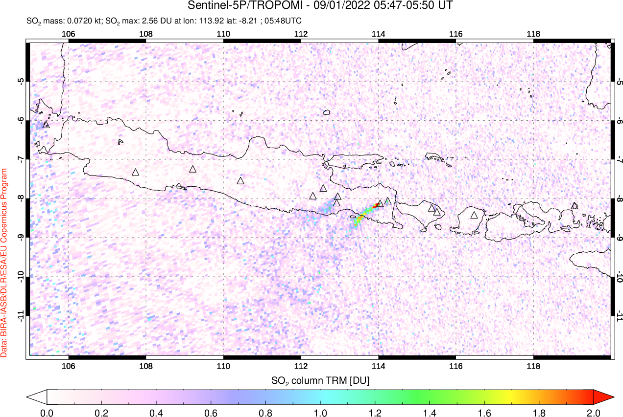 A sulfur dioxide image over Java, Indonesia on Sep 01, 2022.