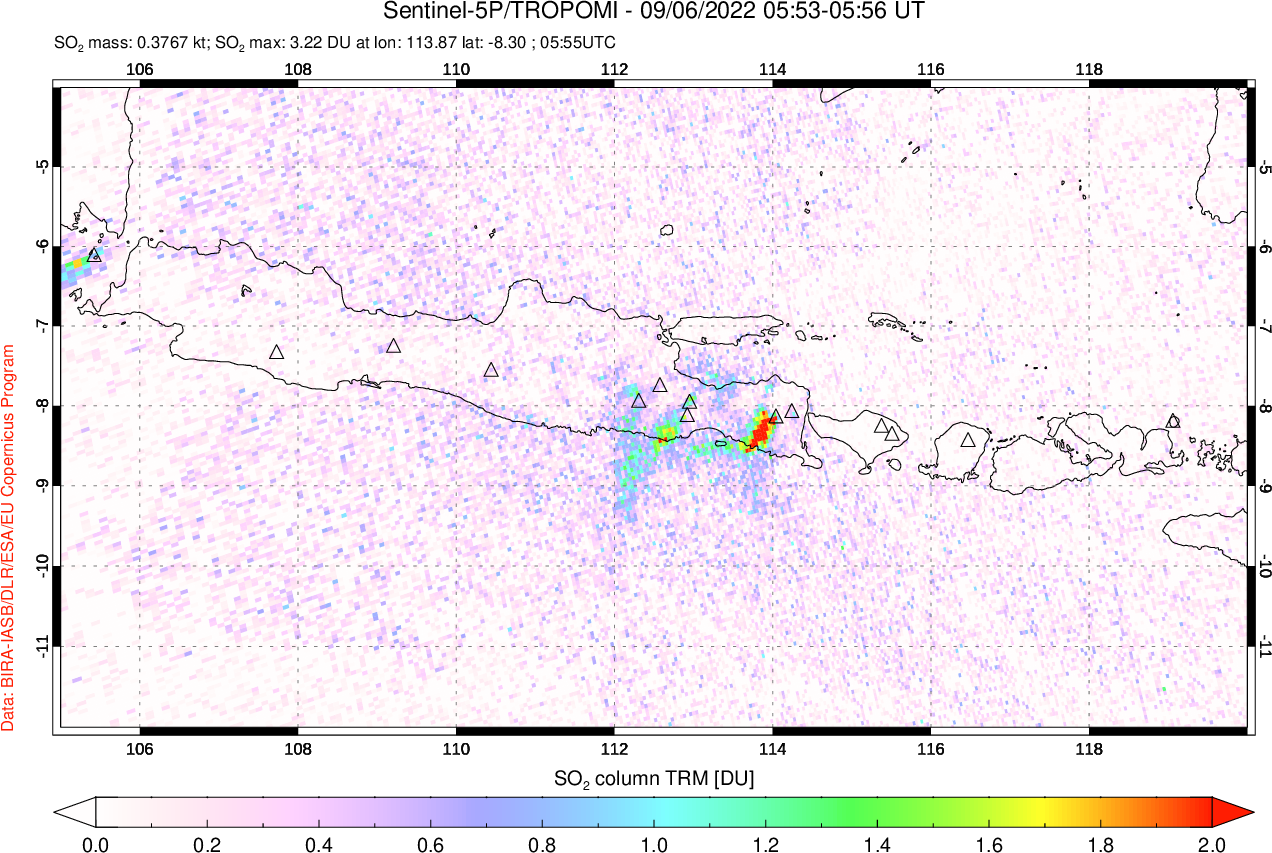 A sulfur dioxide image over Java, Indonesia on Sep 06, 2022.