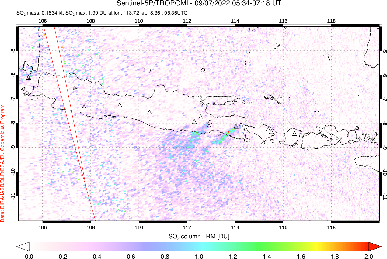 A sulfur dioxide image over Java, Indonesia on Sep 07, 2022.